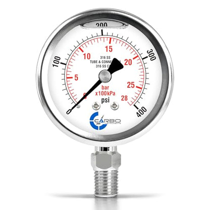 400 PSI Liquid Filled Pressure Gauge, 2.5" Dial, 1/4 NPT Lower Mount, 316 SS Case, 316 SS Wetted Parts, Dual Scale PSI/Bar - ASME B40.1 Grade A - size: 0-400 PSI, style: STANDARD