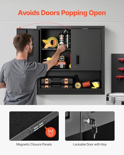 VEVOR Metal Wall Cabinet, 30W x 12.01D x 30H Inch, Steel Floating Hanging Storage Cabinet with Locking Doors and Adjustable Shelf for Garage, Basement, Kitchen, Warehouse Assembly Required, Black - size: Foldable 30" Open Grid