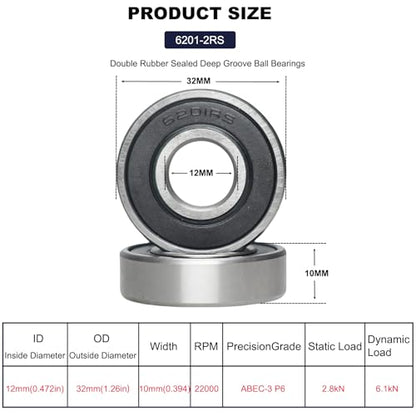 10 Pack 6201-2RS Double Rubber Seal Deep Groove Ball Bearings 12x32x10mm, Pre-Lubricated and Stable Performance and Cost Effective (6201-RS)