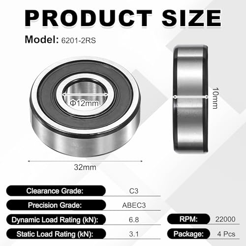 uxcell 4Pcs 6201-2RS Deep Groove Ball Bearings, 12x32x10 mm High Speed Double Rubber Seal Bearings Pre-Lubricated and Stable for Industrial Machinery Repairs 3D Project - size: 6201-2RS(12x32x10 mm)