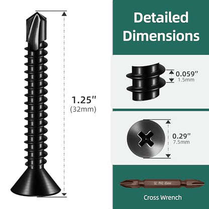 250pcs #8 x 1-1/4 Sheet Metal Self Tapping Screws Assortment Kit, 410 Stainless Steel Flat Head High-Strength Fast Self-Drilling Screws, Black Oxided - size: #8x1-1/4"