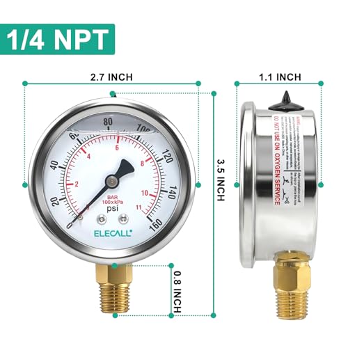 160psi Silicone Oil Pressure Gauge for Water Oil Air Pressure Test in Water Pump, Tire, Large Air Compressor, Well Pump, RV Regulator, 2-1/2" Stainless Steel Case, Lower Mount 1/4" NPT - size: 0-160 Psi, style: Lower Mount