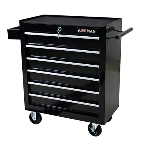 Black 6-Drawer Heavy Duty Rolling Tool Chest | Industrial Service Cart w/Ball Bearing Drawers, Lock & 4 Wheels (2 Brakes) - Garage & Shop Storage Organizer - color: Black, size: 24.25 x 13 x 29.33