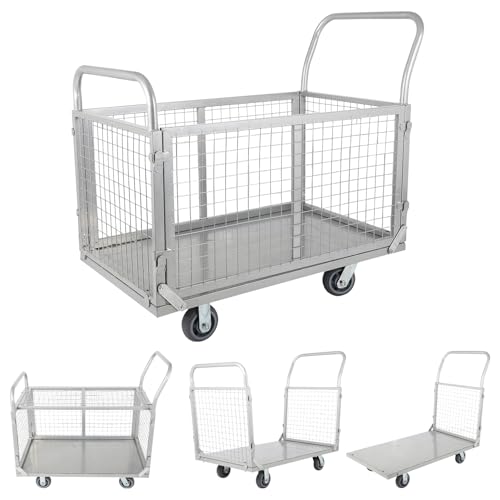 Platform Truck Cart with Cage 4in1 Foldable Heavy Duty Platform Truck Cart, Dolly with Swivel Wheels 1800Lbs Capacity Trolley with Wheels, Multipurpose for Grocery, Laundry, Stall, Storage