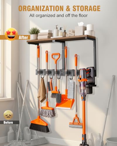 Large Broom Holder Wall Mount with Shelf, Vacuum Organizer, 5 Slots 5 Hooks - color: Black, size: Large