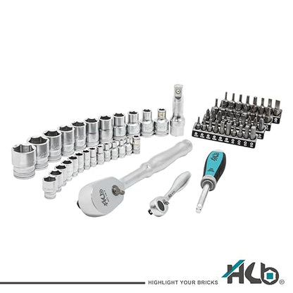HB 65-Piece Socket Set, Dual 1/4" & 1/2" Sealed Head Ratchets & Rack - size: 65-Piece 1/4" & 1/2" Drive