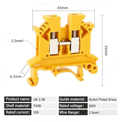 100PCS Yellow UK2.5B Terminal Block DIN Rail Terminal Blocks - Application for 12-22 AWG 800V Electrical Cabinets Distribution Box,Solar Power System,PLC Industrial Control Automation Panel DIY CNC RV - color: UK2.5B Yellow