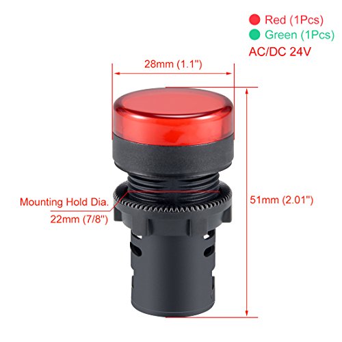 uxcell 2Pcs Red Green Indicator Light AC/DC 24V, 22mm Panel Mount, for Electrical Control Panel, HVAC, DIY Projects - style: 24V