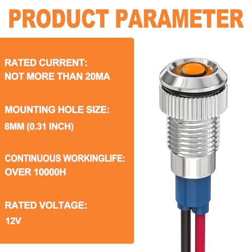 GASHER 5 PCS Energy Saving Indicator Light, LED Light 12V/24V/110V 20mA Panel Mount Light, Mounting Hole Size 8mm(5/16inch) Yellow LED (12V) - color: Yellow, size: 8MM（12V）