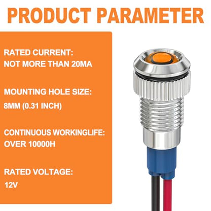 GASHER 5 PCS Energy Saving Indicator Light, LED Light 12V/24V/110V 20mA Panel Mount Light, Mounting Hole Size 8mm(5/16inch) Yellow LED (12V) - color: Yellow, size: 8MM（12V）