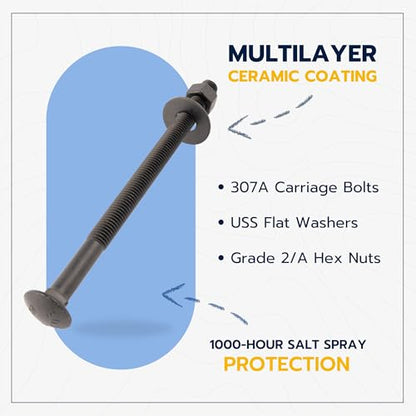 1/2 in. x 8 in. Black Carriage Bolt Kit Includes 12 Bolts, 12 Washers, and 12 Nuts, Ceramic Black Ruspert Coated for Exterior Use - 2X Rust Resistance of Galvanized by Makers Bolt - size: 1/2 x 8