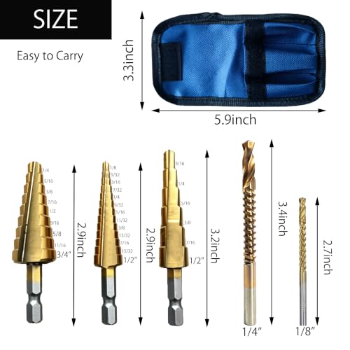 Titanium Coated Step Drill Bit and HSS Twist Drill Bit Set 5pcs,Multi Size （1/8" to 3/4"） for Wood，Sheet Metal，Aluminum and Plastic Hole Drilling Cutting,with Portable Bag for DIY Lovers
