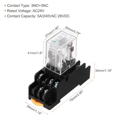 MECCANIXITY 2Pcs DC 24V Electromagnetic Power Relay, 11-Pin 5A Power Coil Relay with LED Indicator and Socket Base DPDT 3NO 3NC - MY3NJ for Industrial, Home Appliances and DIN Rail System - style: 3NO-3NC DC24V