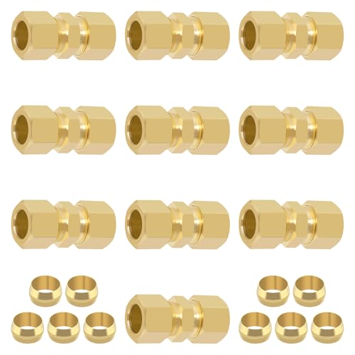 1/2 Inch Compression Fitting,10 Pcs Brass Compression Tube Pipe Fittings, 1/2" OD X 1/2" OD Compression Union Connectors & 10 Pcs Sleeves Ferrules (Pack of 20) - size: 10Pcs-1/2" Union