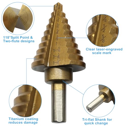 Titanium Step Drill Bit Set, Yellow, 5PCS, 3/16" to 1-3/8" - color: Yellow