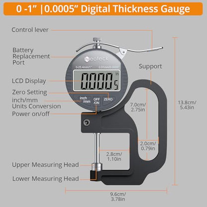 Neoteck Digital Thickness Gauge 1inch/25.4mm,0.0005inch/0.01mm Accuracy - color: Silver-grey, size: 0-1"/0.0005"