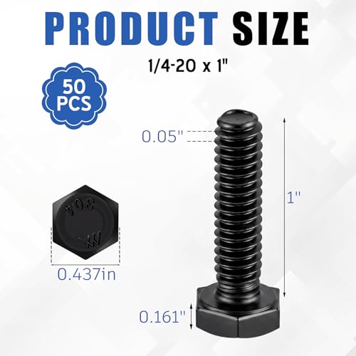 Zonon 50 Pcs 1/4-20 x 1 Hex Head Screw Bolt, Black - color: Black, size: 1/4-20 X 1"