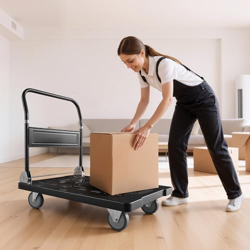 VEVOR Platform Truck Push Cart Dolly, 1000LBS Heavy Duty Folding Platform Truck with 360° Swivel Wheels, Flat Bed Cart with Space Saving Push Handle for Garage/Basement/Office/Warehouse - size: 35.2 x 23.4 x 33.5 in/ 895 x 595 x 850 mm