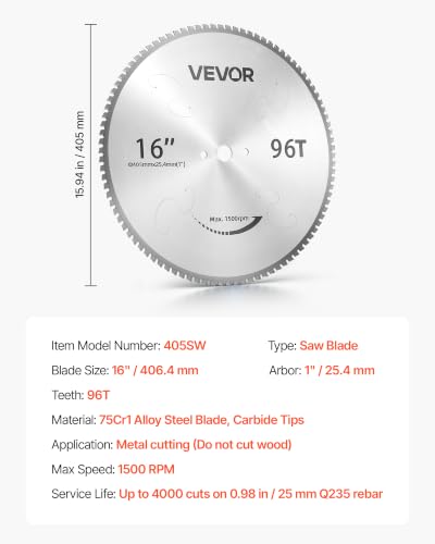 VEVOR Chop Saw Blade 16-in 96 Teeth Cermet-Tipped Metal Cold Cutting Blade - size: 16 in