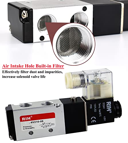 RIH Pneumatics Solenoid Valve 4V210-08 12V/24V/110V Series Single Coil Pilot-Operated Electric 2 Position 5 Way Connection Type (DC24V/Junction Box, 1/4"NPT) - size: DC24V/Junction Box, style: 1/4"NPT