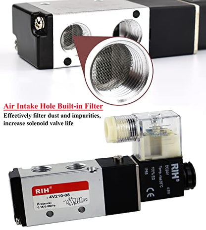 RIH Pneumatics Solenoid Valve 4V210-08 12V/24V/110V Series Single Coil Pilot-Operated Electric 2 Position 5 Way Connection Type (DC24V/Junction Box, 1/4"NPT) - size: DC24V/Junction Box, style: 1/4"NPT
