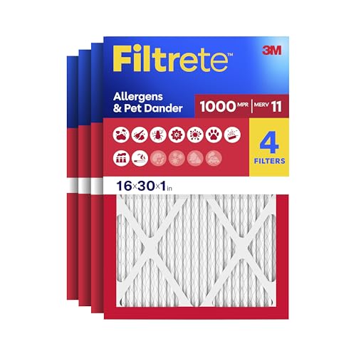 Filtrete 16x30x1 AC Furnace Air Filter, MERV 11, MPR 1000, Micro Allergen Defense, 3-Month Pleated 1-Inch Electrostatic Air Cleaning Filter, 4 Pack (Actual Size 4-Pack 29.813x15.813x0.656 in) - size: 16x30x1