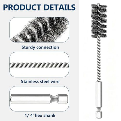 4 PCS Stainless Steel Wire Brushes,Hex Shank Handle Small Wire Brushes,for Drill Ports Tubes Bearings Cleaning Parts Attachments and More,3/8'',1/2'',3/4'',7/8''