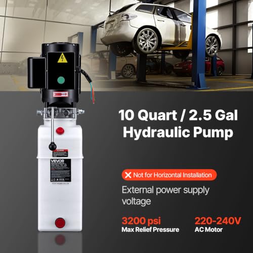 VEVOR 10 Quart Hydraulic Pump, 2.2KW Hydraulic Dump Trailer Pump Single Acting, 3200 PSI Max Relief Pressure, 1.7 GPM Flow Rate, AC220-240V Hydraulic Power Unit Car Lift (Vertical Installation) - size: 6 Quart, style: Single Acting