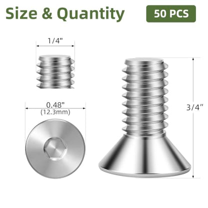 50 PCS 1/4"-20 x 3/4" Flat Head Socket Cap Screws Bolts, Countersunk Allen Bolts, Stainless Steel 304, Full Thread, Bright Finish, Screwdriver Included - color: Silver, size: 1/4"-20 x 3/4"