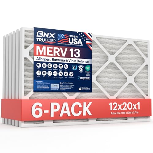 BNX TruFilter 12x20x1 Air Filter MERV 13 (6-Pack) - MADE IN USA - Electrostatic Pleated Air Conditioner HVAC AC Furnace Filters for Allergies, Pollen, Mold, Bacteria, Smoke, Allergen, MPR 1900 FPR 10 - size: 12x20x1 6-Pack