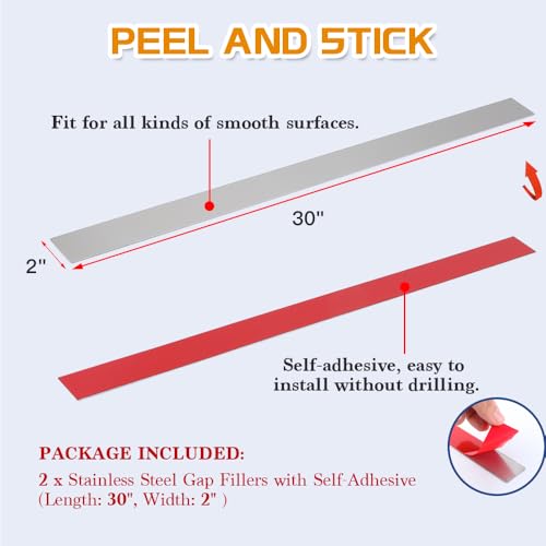 2Pcs 304 Brushed Stainless Steel Sheet Gap Filler, Metal Trim Strip for Wall Oven/Microwave Combo/Range/Cooktop, Self-Adhesive Gap Cover, 30 Inches Long, 2 Inches Wide - size: 2‘’ Wide