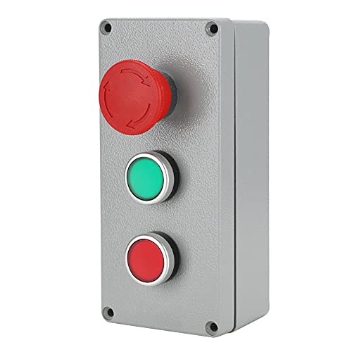 3-Button Emergency Stop Push Button Switch Station with Red & Green Indicator, IP66 Aluminum Housing, Momentary and Latching (1NC 1NO), 175x80x55mm Box