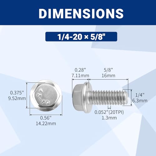 20pcs 1/4-20 x 5/8" Flange Hex Head Bolts (Non-Serrated), 304 SS - size: 1/4-20 x 5/8