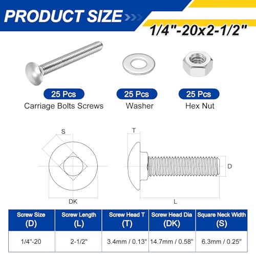 25Set 1/4"-20x2-1/2 Carriage Bolt 304SS - color: Silver, size: 1/4"-20x2-1/2