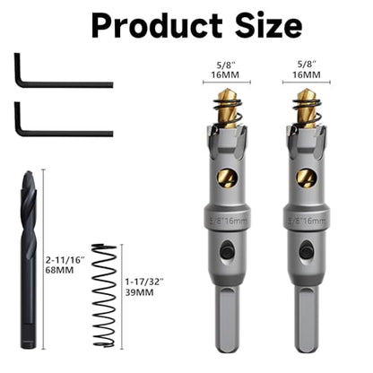 Metal Hole Saw 5/8''(16mm) 2Pcs Set Heavy Duty Tungsten Carbide Tipped Hole Cutters Set with a nitrided Step Drill and L-flench, for Steel Iron,Aluminum,Stainless stell,Plastic - size: 5/8''(16mm)-2PCS