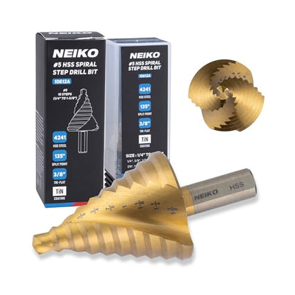 NEIKO 10612A Step Drill Bit, 10 Steps 1/4" to 1-3/8" Spiral High Speed Steel, Titanium Nitride Coated, 3/8" Tri Flat Step Bits for Steel, Metal, Wood, Plastic, Unibit Cone Drill Bits, Two Flute - size: #5 (1/4 - 1-3/8", 10S), style: Spiral
