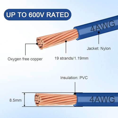 THHN Wire 4 Gauge 50 FT, 4 AWG Stranded OFC Copper Electrical Building Wire with Nylon Jacket PVC Insulation, Rated 600V for Residential, Industrial, CNC, Ground (4 Gauge, Blue) - color: Blue, size: 4 AWG 50FT