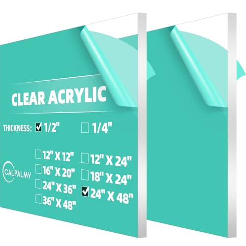 CALPALMY (2 Pack) 1/2" Thick Clear Acrylic Sheets 24" x 48", Pre-Cut Plexiglass Sheets for Craft Projects, Acrylic Signs, Display Cases or Shelving and More - Easy to Cut with Power Saw etc - color: Clear, size: 24x48", 1/2" Thick