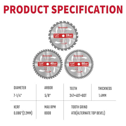 3 Pack 7-1/4 Circular Saw Blade 24T&40T&60T Combo for Woodcutting - size: 7-1/4 In 24&40&60T