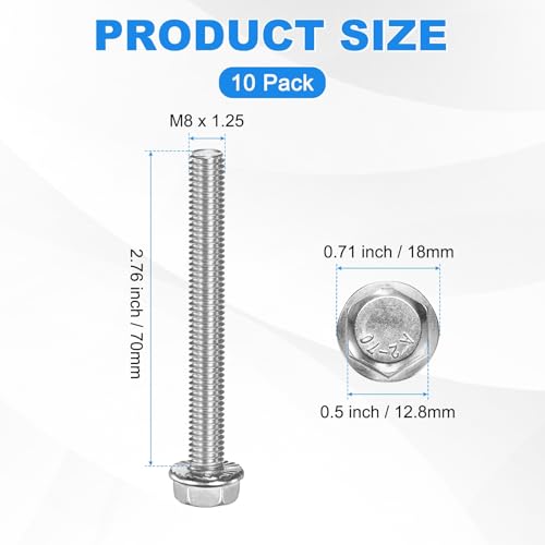 M METERXITY 10 Pack Flanged Hex Head Bolts, M8 x 70mm 304 Stainless Steel External Hex Drive Screws, Metric Fully Threaded Screw for Furniture Car DIY Project [Silver Tone] - size: M8 x 70mm