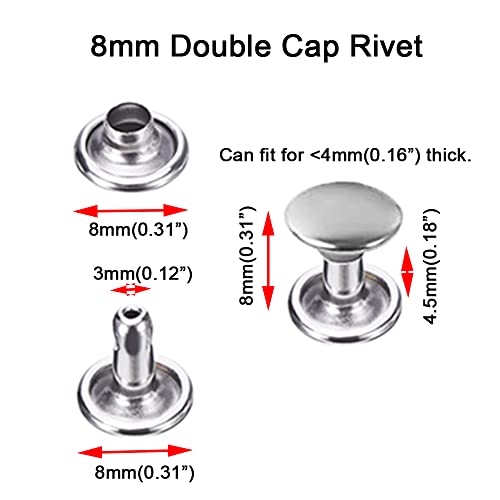 300 Sets Silver Stainless Steel Leather Rivets Double Cap Rivet Tubular Metal Studs Repairs Decoration Craft Accessories for Leather Craft Clothes Shoes Bags Belts (8mm, Silver) - size: 8mm