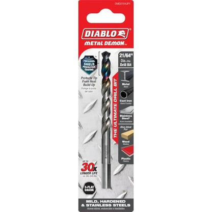 Diablo Metal Demon Drill Bit - 21/64" Diameter, 4.6" Length, 3-Flats Shanks - size: 21/64"