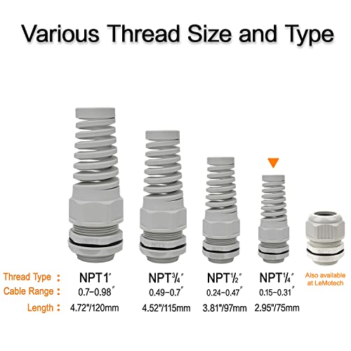 LeMotech 10Pcs NPT 1/4" IP68 Waterproof Cable Gland Flex Spiral Strain Relief Grey Nylon Joint with Gaskets for 4-8mm Wire Thread - color: Gray, size: NPT 1/4" (10-Pack)