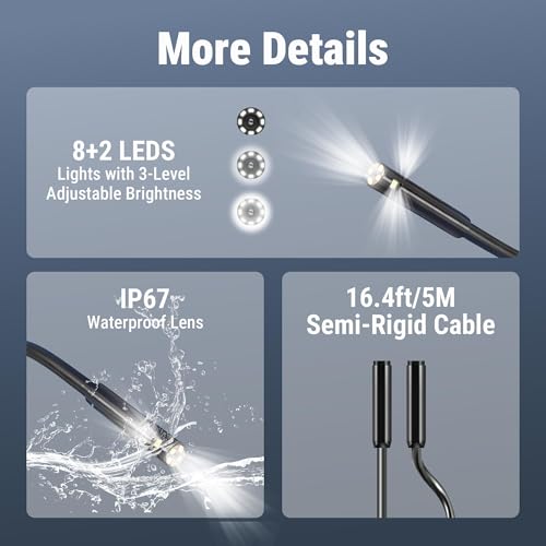 8mm Triple Lens Industrial Endoscope, 1080P Borescope Inspection Camera with 5" Screen, 16.5FT Semi-Rigid Cable, IP67 Waterproof Snake Cameras with Lights for Automotive, Plumbing - size: Triple Lens