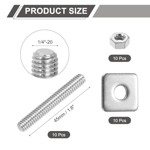 uxcell 1/4"-20 UNC Fully All Threaded Rod, 10 Pcs 304 Stainless Steel Long Threaded Screw 1.8" Length Right Hand Threads with Square Washers for Furniture Mounting Assembly Fastening - size: 1.8"