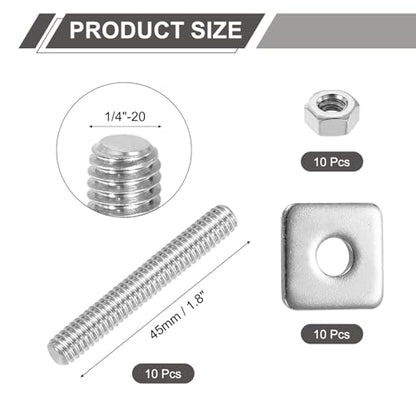uxcell 1/4"-20 UNC Fully All Threaded Rod, 10 Pcs 304 Stainless Steel Long Threaded Screw 1.8" Length Right Hand Threads with Square Washers for Furniture Mounting Assembly Fastening - size: 1.8"