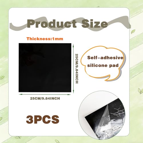 3 PCS 9.84x9.84 Inch Black High Temperature Resistant Rubber Mat, 1mm Thick Adhesive Rubber Sheet for Sealing, Gasketing, Cushioning and Protection