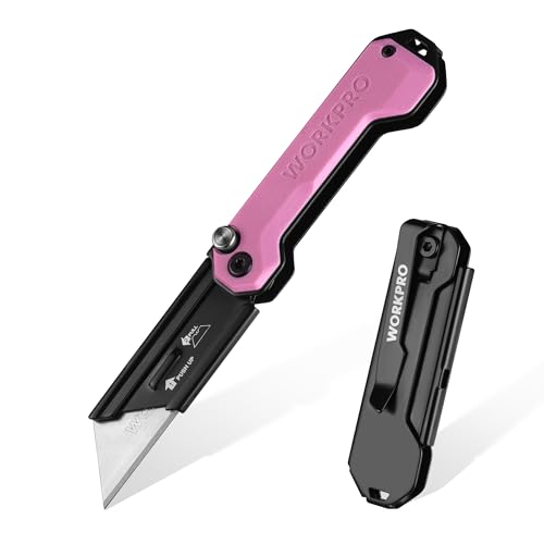 WORKPRO EDC Folding Utility Knife, Mini Box Cutter with Quick Open Axis Lock, Quick Change Blade Razor Knife, Foldable Small Pocket Knife with Belt Clip - color: Pink-g10