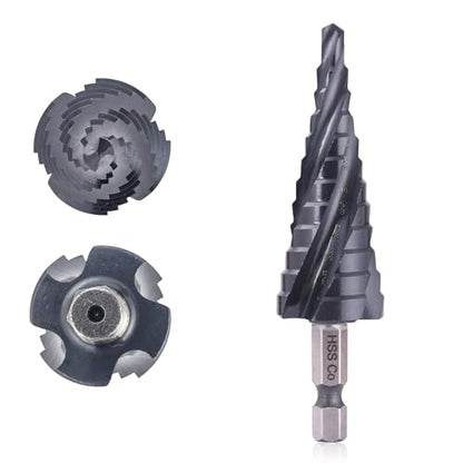 M35 Four Spiral Flute Cobalt Step Drill Bit, 3/16"-7/8" Wear-Resistant TiAlN Coated Four-Flute Step Bit, 1/4" Hex Shank Unibit Step Bit for Metal, Stainless Steel, Aluminum, Wood, Plastic - style: Four Flute-3/16-7/8