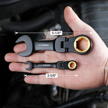 WORKPRO 8-Piece Stubby Flex-Head Ratcheting Wrench Set, SAE 5/16-3/4 in - size: SAE, style: Black electroplating coating